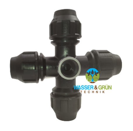 X-Stück 25 x 25 x 25 x 25 mm, X-Stück 25 x 25 x 3/4"IG x 25 x 25 mm, X-Stück 25 x 25 x 1/2" IG x 25 x 25 mm, PE Klemmverschraubung, PN16 Kreuz-Stück PE-Rohr 25